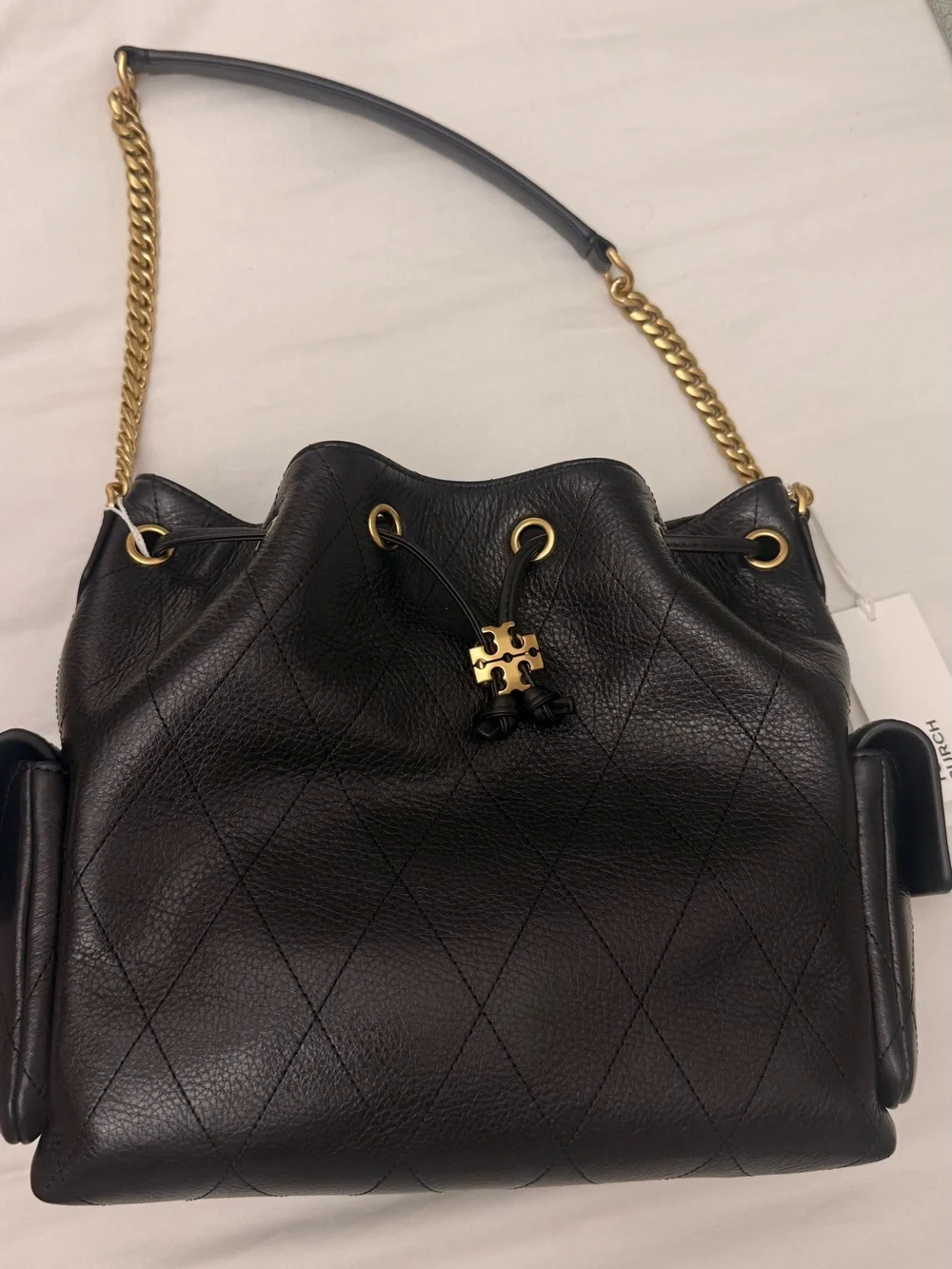 Tory Burch Black Quilted Leather Drawstring Shoulder Bag with Gold Hardware